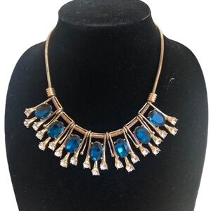 Gold Tone 20" Royal Blue Beads And Gold Tone Bars Statement Necklace